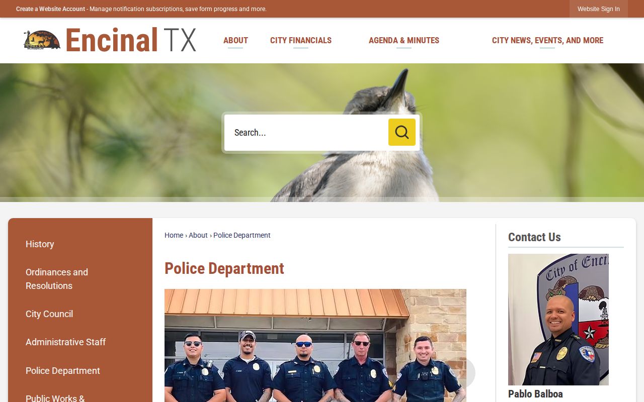 Screenshot of the official Encinal Police Department page