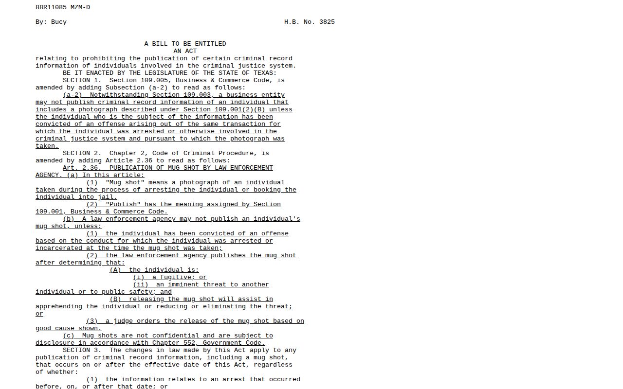 Screenshot of Texas House Bill 3825 legislative text about mugshot publication